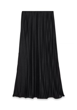 Black pleated skirt made of lightweight fabric, featuring vertical folds and a flowing silhouette. Hemline is slightly flared.