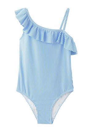 Maillot de bain une pièce à rayures verticales bleues et blanches avec une bretelle unique à volants décolleté façon épaule dénudée et une fine bretelle.