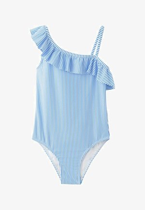 Blauw-witte badpakken met verticale strepen, met één geschulpte off-shoulder band en één dunne schouderband.