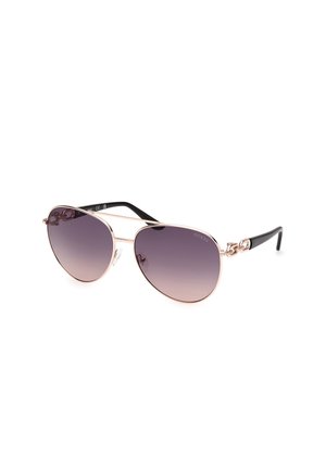 Metalen aviator zonnebril met een gradient paarse lens. Zwarte plastic pootjes hebben een decoratieve kettinglinkaccent en logo-detail.