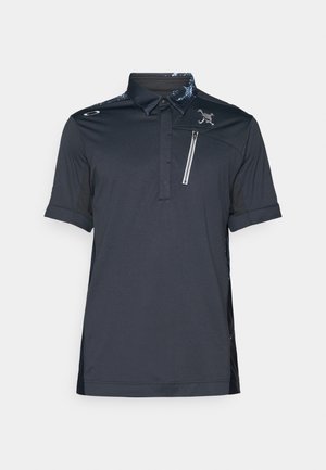 Black polo shirt with short sleeves, patterned collar, chest pocket with zipper, and textured sides. Logo detail on the front left.