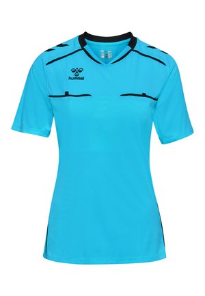 Lyseblå sports T-shirt med sorte detaljer og korte ærmer. Har rund halsudskæring og subtilt tekstureret mønster over hele.