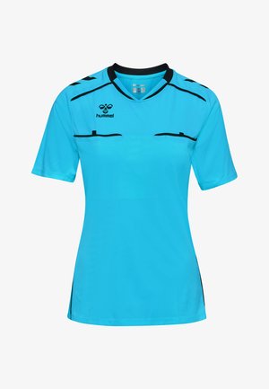 Light blue athletic shirt with black accents and short sleeves. Features a round neckline and subtle textured pattern throughout.