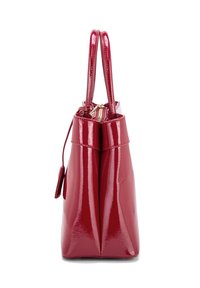 Borsa a mano rossa in pelle verniciata con un design strutturato, due manici e chiusura con zip superiore. Presenta un piccolo cartellino appeso per dettagli.