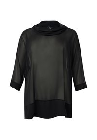 Blouse noire semi-transparente avec col drapé, manches trois-quarts et ourlet uni contrasté. Texture douce, coupe ample et détails minimalistes.