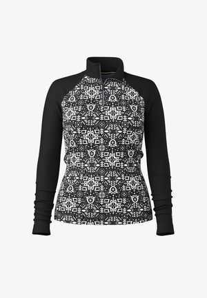 Svart långärmad tröja med hög krage och dragkedja fram, med ett detaljerat symmetriskt vitt och grått geometriskt blommönster på överkroppen.