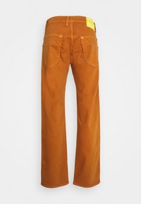 Braune gerade geschnittene Hosen aus strapazierfähigem Stoff, mit zwei Gesäßtaschen und einem gelben Markenlogo am Bund.