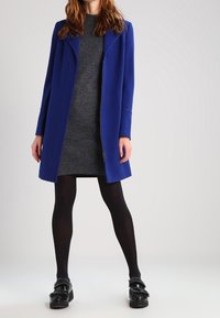 Cappotto blu cobalto con colletto strutturato, abbinato a un vestito grigio. La modella indossa collant neri e scarpe chunky con dettagli in pelliccia.