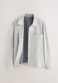 Light gray, woven jacket with a collared neckline, two front pockets, and a blue lining. Features snap closures and long sleeves.