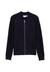 Granatowy sweter zapinany na zamek z prążkowanym kołnierzem i mankietami, teksturowana tkanina oraz rękawy raglanowe. Prosty design z zamkiem błyskawicznym na pełną długość.