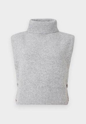 Ljusgrå ärmlös polotröja med ribbad krage och nederkant. Har dekorativa sidoknappar. Mjuk textur, minimalistisk design.