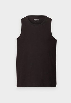 Canotta nera senza maniche con scollo tondo, design semplice, mostrata distesa su uno sfondo grigio chiaro.