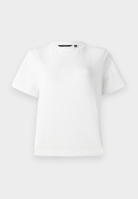 T-shirt blanc à manches courtes en tissu de coton lisse, avec un col rond et une coupe décontractée, ornée de coutures sur les bords.