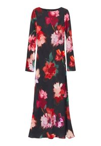 Rochie lungă cu mâneci lungi, florală, cu decolteu rotund, având flori vibrante de roșu, roz și verde pe un fundal negru. Țesătură moale și netedă.