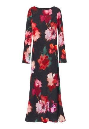 Rochie lungă cu mâneci lungi, florală, cu decolteu rotund, având flori vibrante de roșu, roz și verde pe un fundal negru. Țesătură moale și netedă.