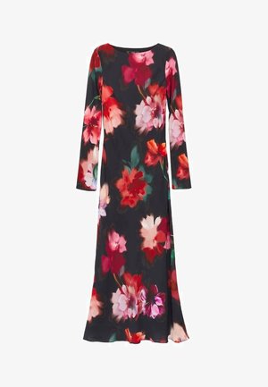 Rochie lungă cu mâneci lungi, florală, cu decolteu rotund, având flori vibrante de roșu, roz și verde pe un fundal negru. Țesătură moale și netedă.