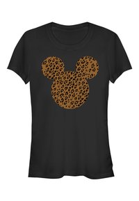 Svart bomulls t-shirt med ett stort brunt leopardsmönstrat Mickey Mouse-huvudtryck på framsidan. Kort ärm och rund halsringning.