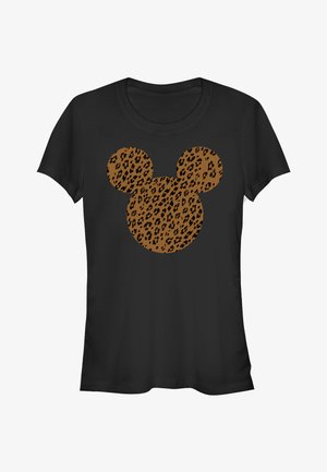 T-shirt en coton noir avec un grand design d'une tête de Mickey Mouse imprimée léopard marron sur le devant. Manches courtes et col rond.