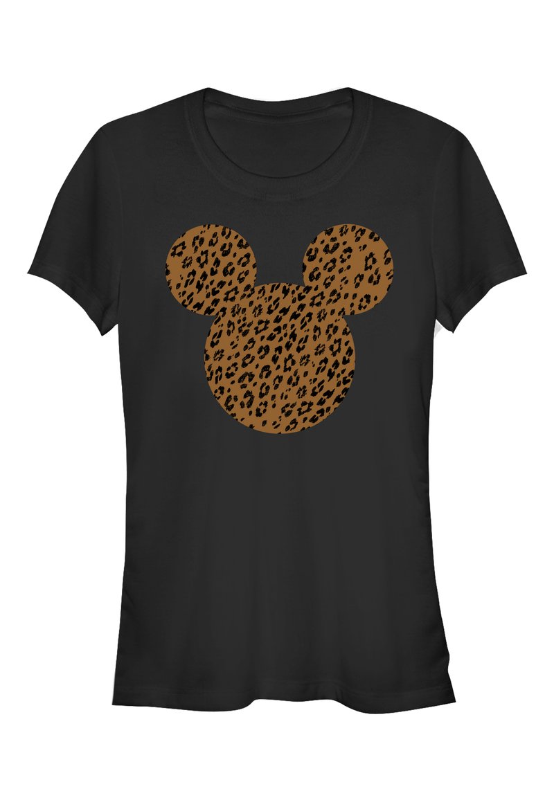 Svart bomulls t-shirt med ett stort brunt leopardsmönstrat Mickey Mouse-huvudtryck på framsidan. Kort ärm och rund halsringning.