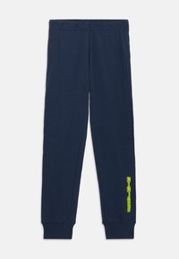 Marineblaue Jogginghose aus weichem Baumwollmaterial mit geripptem Bund und Bündchen. Auf der linken Seite befindet sich ein neongrünes "Ninjago"-Logo.