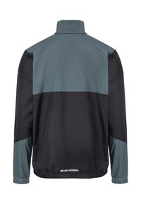 Achteraanzicht van een tweekleurig jack met lange mouwen, een hoge kraag, elastische zoom en manchetten, in zwart en grijsblauw.