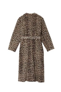 Leopardmønster langermet morgenkåpe med belte i midjen, laget av myk stoff, med krage og en flytende design med knelengde.