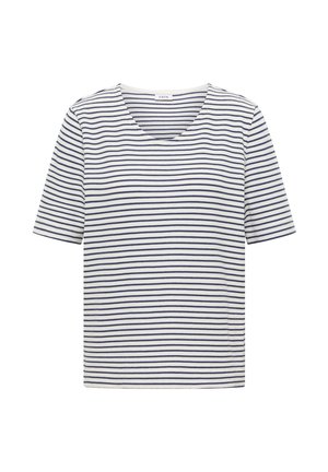Weißes Kurzarmhemd mit marineblauen horizontalen Streifen und rundem Ausschnitt, vor weißem Hintergrund dargestellt.