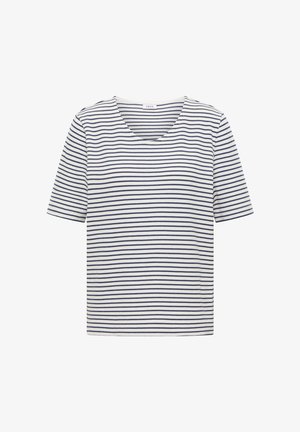 Kortærmet hvid skjorte med mørkeblå vandrette striber og rundet halsudskæring, vist på hvid baggrund.