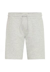 Pantalones cortos de algodón gris claro con cintura elástica y cordón. Presentan una textura suave y un diseño hasta la rodilla.