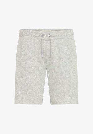 Helle graue Baumwollshorts mit einem elastischen Bund und Zugband. Sie verfügen über eine glatte Textur und ein knielanges Design.