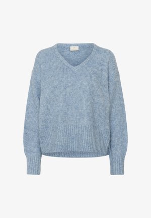 Pull en tricot bleu clair avec un col en V, des épaules tombantes, des poignets et un ourlet côtelés. Texture douce avec une coupe ample.