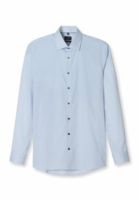 Himmelblaues Langarmhemd mit kleinen dunkelblauen Punkten. Verfügt über einen strukturierten Kragen und dunkle Knöpfe entlang der Vorderseite. Glattes Material.