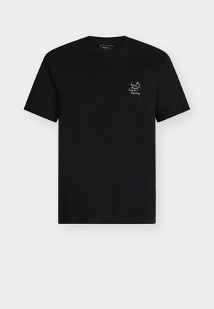 T-shirt nera in cotone con maniche corte e scollo tondo, con testo stampato bianco e dettaglio grafico sul lato sinistro del petto.