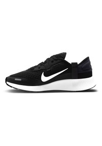 Scarpa sportiva nera con tomaia in mesh, baffo Nike bianco, tallone texturizzato e suola ammortizzata nera. Motivo a traccia circolare sul fondo.
