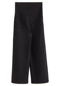 Svarta vida capribyxor med en slät midja, tillverkade av stretchigt material, med en minimalistisk design och utan synlig hårdvara.