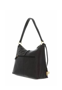 Sac à main en cuir noir avec une texture lisse, une forme arrondie, des accents en métal doré et une poche zippée à l'avant. Bandoulière ajustable.