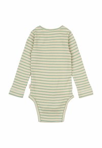 Bodysuit za bebe dugih rukava izrađen od rebrastog pamuka, sa naizmeničnim svetlozelenim i belim horizontalnim prugama. Okrugli izrez, zatvaranje na dnu sa dugmadima.