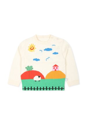 Maglione crema con una scena contadina colorata, che include un sole, nuvole, colline, una casa, un albero e una pecora. Dettagli con bottoni sulla spalla.
