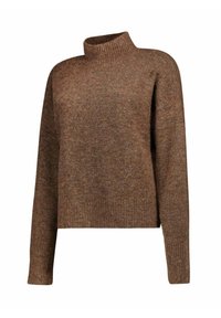 Bruine trui met lange mouwen en hoge hals, gemaakt van een getextureerd breisel, met geribbelde manchetten en zoom, en een ontspannen pasvorm.