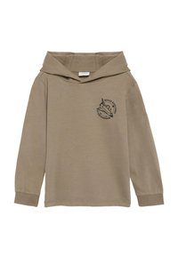 Khaki lange mouwen hoodie gemaakt van zachte stof; heeft een grote capuchon en een geprinte afbeelding van een spaceshuttle op de borst.