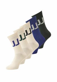 Sokker i bomuldsblanding i creme, grøn, blå og sort med ribbet tekstur. Hver sok har et kontrasterende "JJ" logo på toppen.