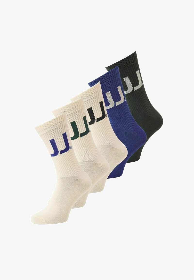 Sokker i bomuldsblanding i creme, grøn, blå og sort med ribbet tekstur. Hver sok har et kontrasterende "JJ" logo på toppen.