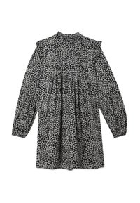 Mustapuku, jossa on pitkät hihat ja valkoisia pieniä kukkakuviota, korkea pääntie, röyhelöyksityiskohdat olkapäillä ja rypytetty vyötärö.