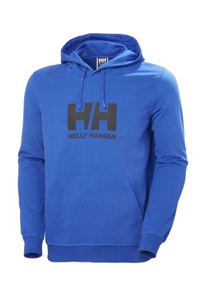 Blue hoodie made of cotton blend with a front kangaroo pocket, ribbed cuffs, and a black "Helly Hansen" logo on the chest.