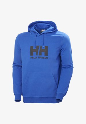 Blue hoodie made of cotton blend with a front kangaroo pocket, ribbed cuffs, and a black "Helly Hansen" logo on the chest.