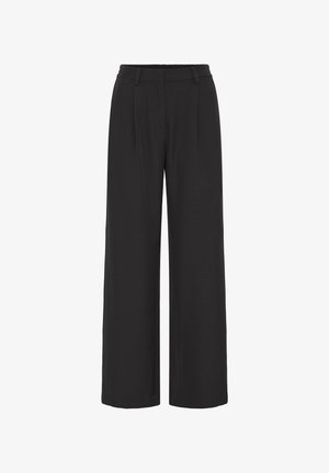 Platas melnas bikses ar platiem kājiņiem, izgatavotas no gludas auduma. Tām ir augsts jostasvietas aukla un priekšpuses lokas papildus detaļām. Vienkāršs dizains bez rakstiem.