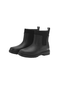 Botas de tobillo de goma negra con una superficie lisa y paneles laterales elásticos. Cuentan con una suela texturizada y tiradores para ponérselas fácilmente.