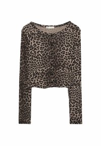 Cárdigan corto de manga larga con estampado de leopardo en marrón y negro, con un escote redondo y botones frontales negros.