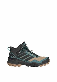 Buty trekkingowe z czarną i turkusową syntetyczną cholewą, beżowymi panelami z siatki, wzmocnionym czubkiem oraz wytrzymałą brązową gumową podeszwą.
