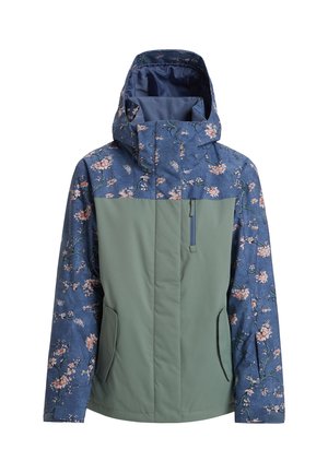 Women's jacket with a blue floral print fabric, green solid panel at the bottom, hood, and front zip pocket; features side pockets.